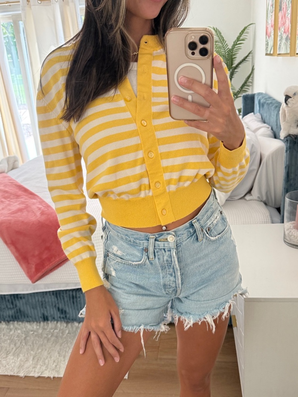 Zara Yellow & White Striped Cropped Button-Up Cardigan